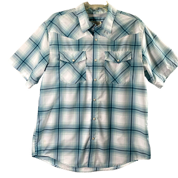 Magellan Shirt Mens Medium Blue Plaid Pearl‎ Snap Vented Outdoors Fish Wicking - Picture 1 of 12
